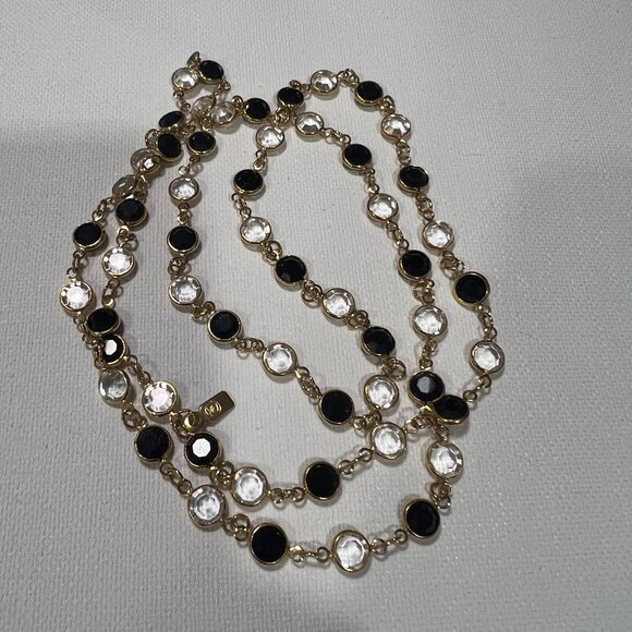 Swarovski Swan Signed Clear Black Bezel Crystals Gold Tone Necklace 32' art deco - Picture 1 of 6